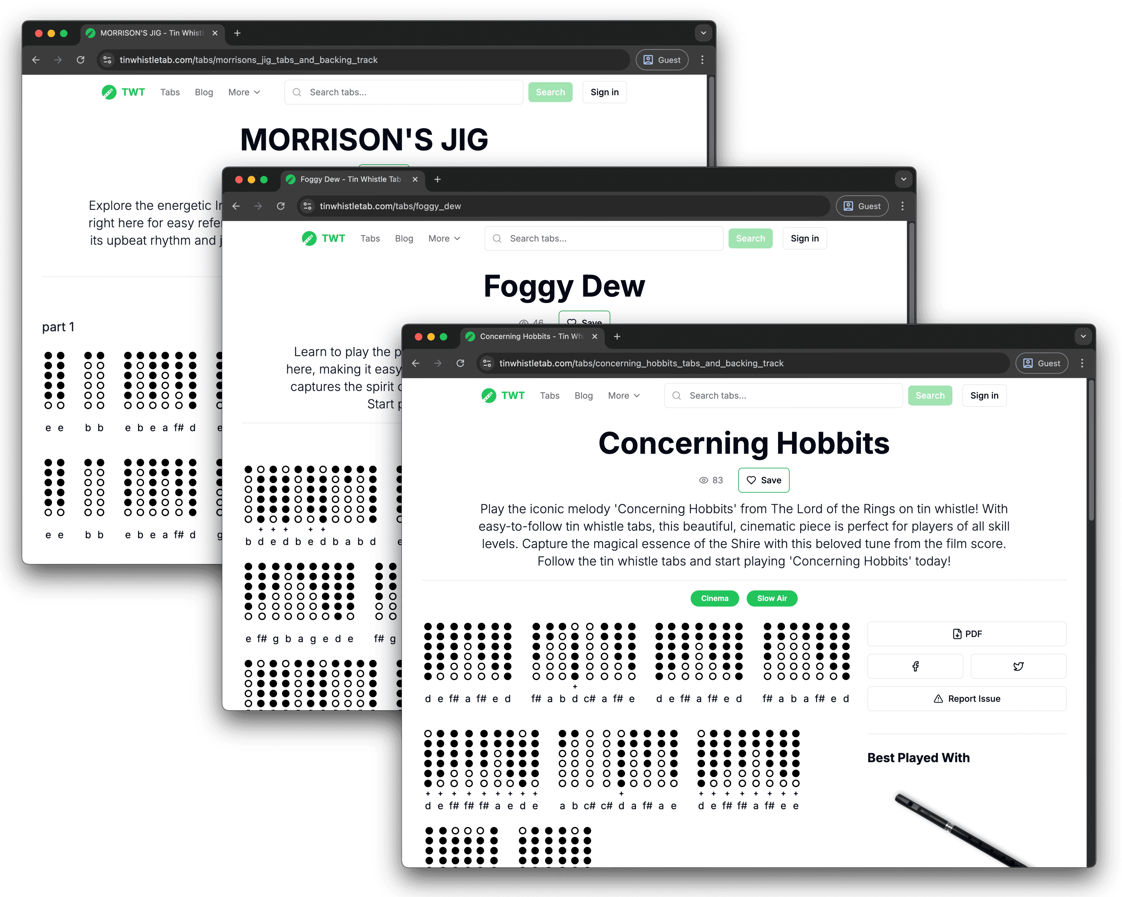 Interactive Tin Whistle Tab Player Interface with Sheet Music and Fingering Chart