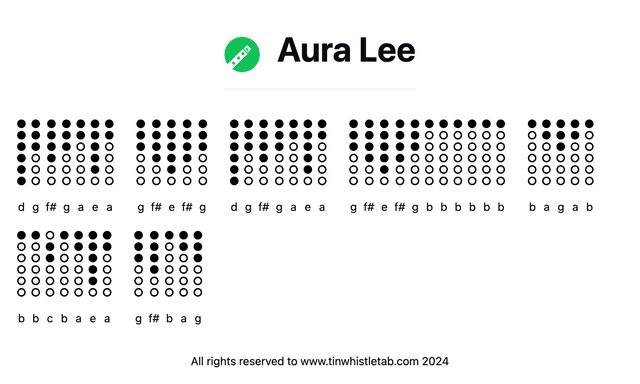 Image of Aura Lee Tin Whistle Tabs
