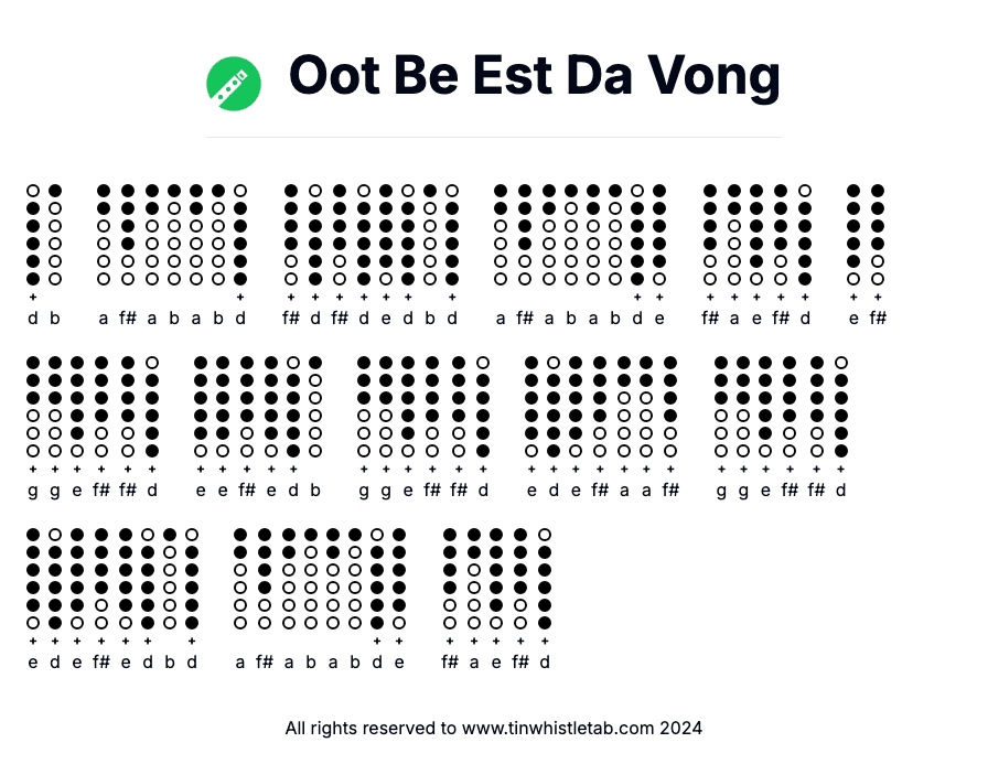 Image of Oot Be Est Da Vong Tin Whistle Tabs
