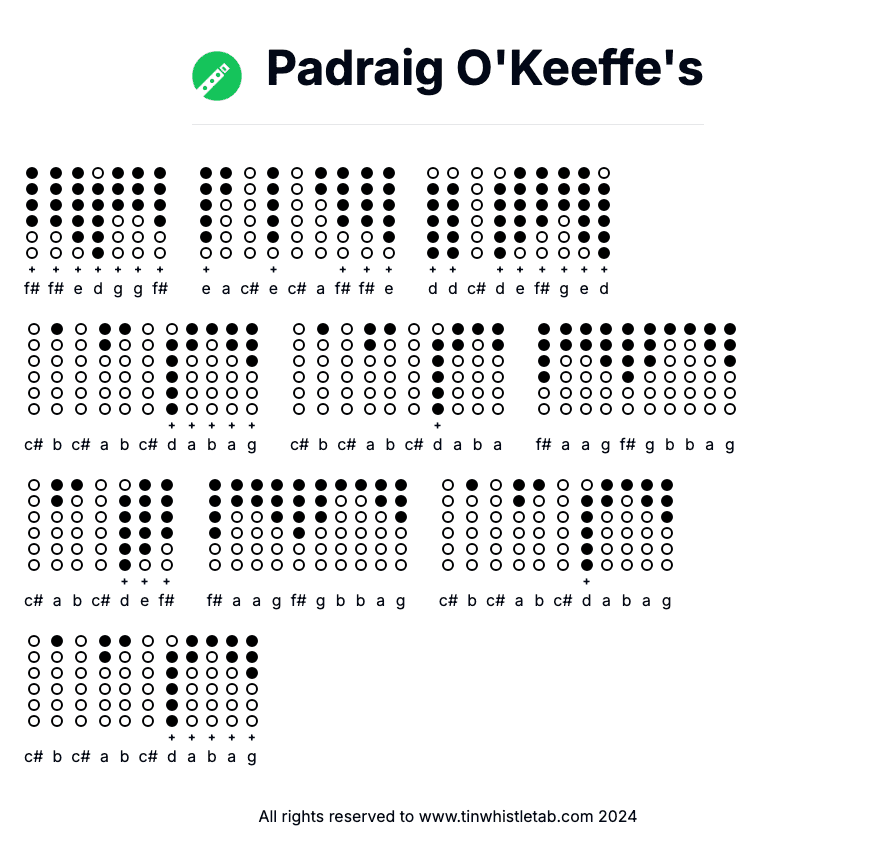 Image of Padraig O'Keeffe's Tin Whistle Tabs
