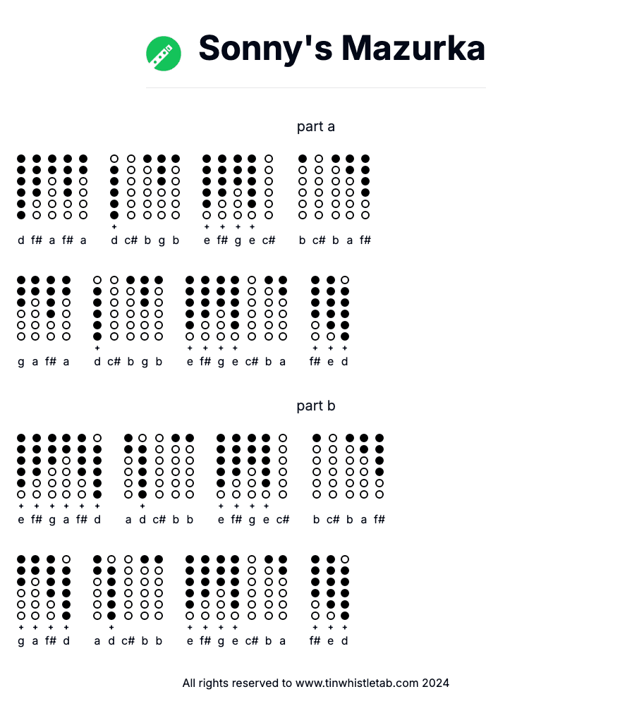 Image of Sonny's Mazurka Tin Whistle Tabs